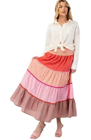 NWT EASEL Women’s Boho Tiered Color Blocked Pull on Smocked Maxi Skirt thumbnail 1