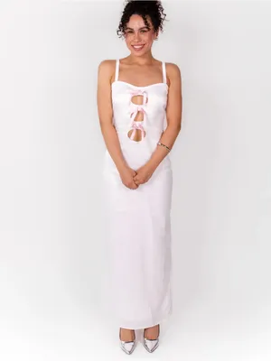 Bella Via The Alexandra Maxi Dress Satin Cutout White Pink Bow Small thumbnail 2