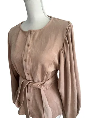 VICI Beige Button Down Faux Suede Belted Long Sleeve Top Sz Large thumbnail 4