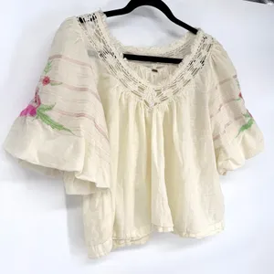 Free People Bohemia Embroidered Peasant Top XS Cream Boho Puff Sleeve thumbnail 6