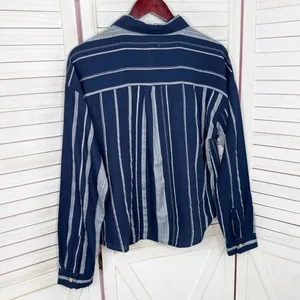 Sandy & Sid Striped Long Sleeve Button‎ Up Crop Shirt Blue White Large thumbnail 8
