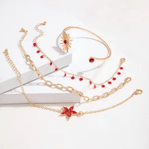 Set 4pcs Adjustable Bracelets Chain Crystal Red Sun Flower Boutique thumbnail 3