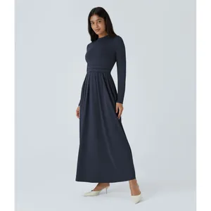 HALARA Navy Blue Mock Neck Long Sleeve Pocket Flare Maxi Casual Dress Knit XS thumbnail 4