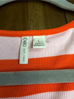 CATO Ribbed Striped Heart Neck Top Size L Pink Orange Puff Sleeve Stretch Knit thumbnail 7