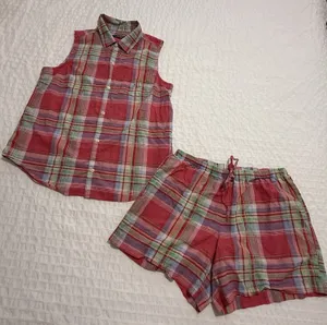 Lauren Ralph Lauren Plaid Multi Color Pajama Button Up Shirt & Shorts Set Medium thumbnail 1