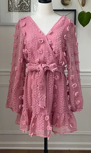 A.Calin Flying Tomato Pink Long Sleeve Pom Pom Mini Dress L thumbnail 1