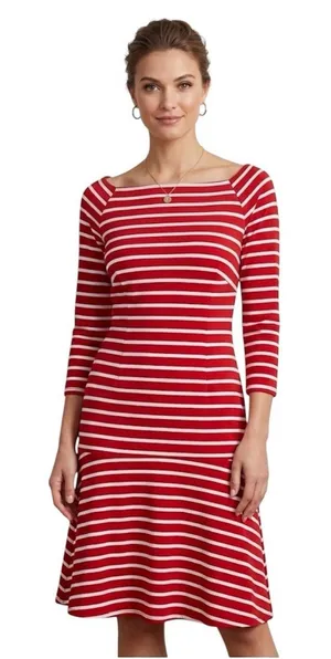 Lauren‎ Ralph Lauren Red Striped Drop Waist Dress Size 2 Nautical Square Neck thumbnail 1