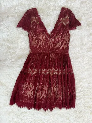 Alya Burgundy Lace Dress XS Womens V Neck Short Sleeve Cocktail Skater Mini thumbnail 9