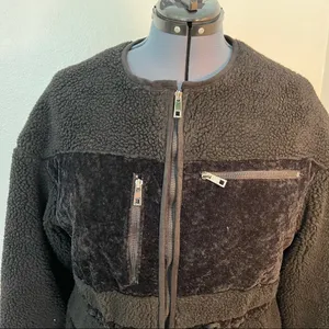 Milligram Womens Teddy Jacket Full Zip Black Zipper Pocket Faux Suede Drawstring thumbnail 2