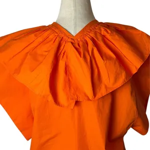 Tela Dress Women XS Orange Cotton Poplin Ruffle V-Neck Cap‎ Sleeve Shift Mini thumbnail 6