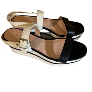 Kate Spade New‎ York Wedge Sandals Black White 9 Womens Platform Striped Heels thumbnail 7