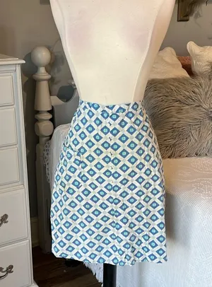 Vintage Apron Family Heirloom Tie Back Waist Blue Geometric Handmade thumbnail 1