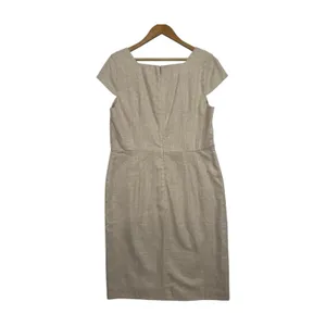 Ann Taylor Dress Womens 12 Beige Linen Sheath Cap Sleeve Career Office Classic thumbnail 2