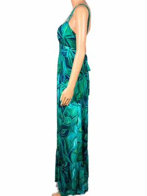 BISOU BISOU Green Navy Blue Tropical Swirl Print Empire Waist Maxi Dress Size 16 thumbnail 6