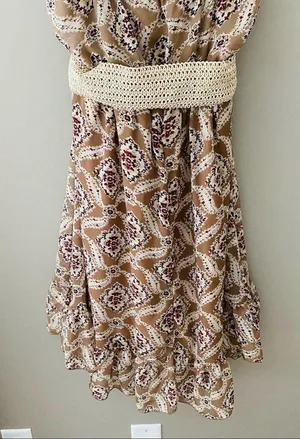 Vanity Floral Print Ruffle Dress Tan Sz Medium thumbnail 7