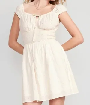 Eyelet Waist Defined Mini Dress Women’s Cream thumbnail 1