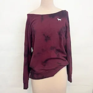 Victoria’s Secret PINK Raw Cut off shoulder Crew Sweater Top Ruby Tie Dye medium thumbnail 4