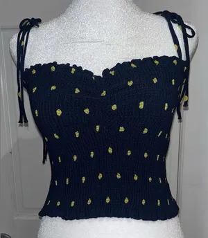 Zara smocked top with polka-dots and shoulder ties Navy and Yellow Size Large thumbnail 1