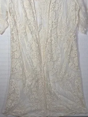 Open Lace Ivory Festival Mesh Kimono Top Size M Relaxed Boho Country Cowgirl thumbnail 4