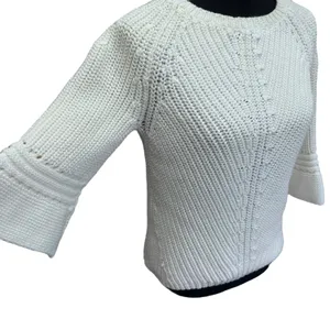 Anthropologie‎ Sweater Women's Small Rosie Neira White Cotton Knit Bell Sleeves thumbnail 3