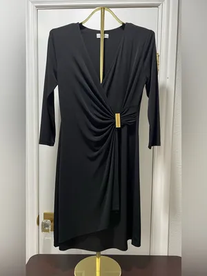 Calvin Klein Black V-Neck Draped Midi Dress Small EUC thumbnail 4