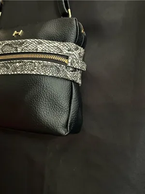 Halston Leather Black Crossbody Bag with Snake-Print Trim thumbnail 4
