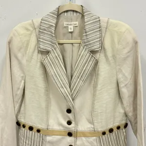 Coldwater Creek Cream Striped Mixed Media Button Front Blazer‎ Jacket Women's 14 thumbnail 4