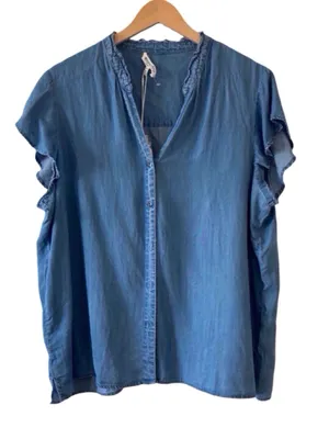 Workshop Republic Clothing Blue Lyocell Ruffle Sleeve Button Top NWT XL thumbnail 1