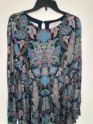 Loft Paisley Dress Size XL Blue Pink Long Sleeve Keyhole thumbnail 3