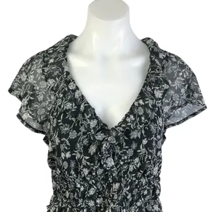 Old Navy Black Floral Ruffle Flutter Sleeve V Neck Tiered A Line Midi Dress Sz M thumbnail 3