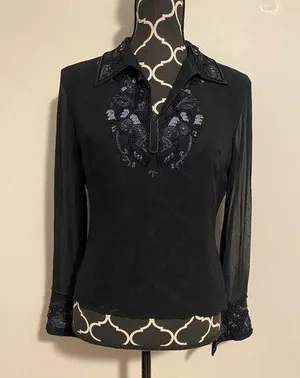 EUC Clio Black Floral Embroidered & Beaded V Neck Blouse size 4 thumbnail 1