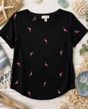 Vintage‎ America Black Flamingo Embroidered Tee Shirt Small Cute Novelty Top thumbnail 1