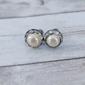 Vintage Screw On Earrings Faux Pearl with Clear Gem Halo - Heavy Tarnish/Wear thumbnail 3