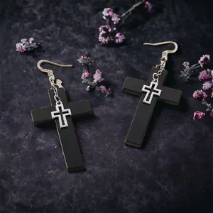 Unique design double‎ layer black cross light weight plastic dangle earrings thumbnail 5
