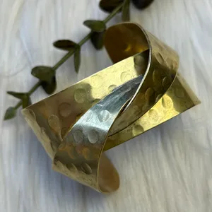 Vintage Brass twist hammered wide cuff bracelet thumbnail 1