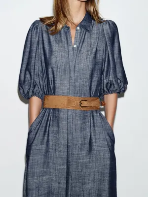 ZARA Blue Puff-Sleeve Maxi Shirt Dress with Belt thumbnail 3