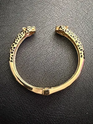 Leopard Head Hinged Cuff Bracelet Gold Tone panther face to face enamel crystal cheetah statement thumbnail 2