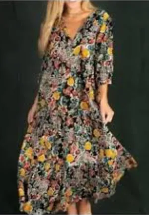 Natural Life Dress Sage V Neck Maxi Tiered Black floral Red Multi Yellow Accents thumbnail 1