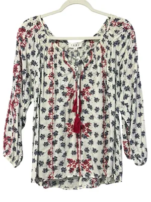 Boho Embroidered Tie-Front Peasant Top M 22” p2p White/Red & Navy Floral EU thumbnail 2