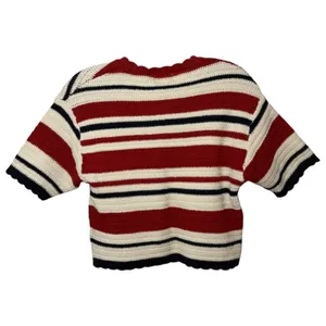 Red White Blue Striped Crochet Knit Crop Sweater Top Nautical Coastal Size Small thumbnail 3