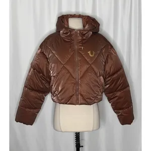 NWT!! TRUE RELIGION High-Shine Metallic Hooded Puffer Jacket Bronze Large thumbnail 2
