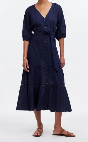 Madewell Tie-Waist Tiered Midi Dress in Windowpane thumbnail 1