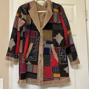 Patterned Fuzzy Lined Hoodie Jacket Tan Size M thumbnail 1