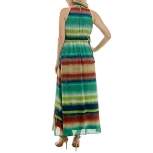 Taylor NWT Printed Chiffon Mock Neck Sleeveless Gathered Maxi Dress Rust Teal 6‎ thumbnail 4