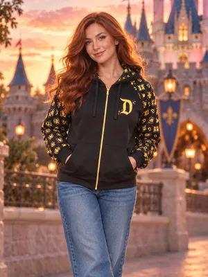 Disney Disneyland Sleeping Beauty Castle Zip Up Hoodie large L Black Gold Foil Jacket thumbnail 3