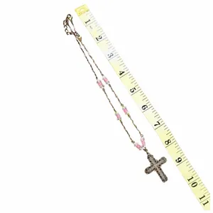 Vintage Victorian Revival Jeweled Cross Necklace Pink Green Rhinestones Beaded G thumbnail 8
