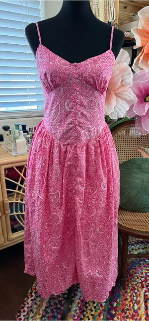 Roller Rabbit X Target Pink Paisley Floral Drop Waist Milkmaid Boho Midi Dress thumbnail 1