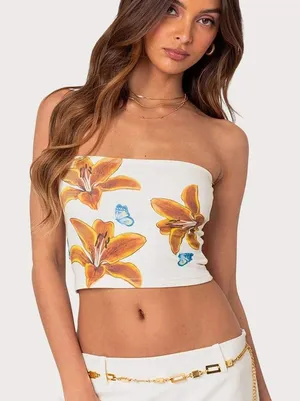 Edikted Tigerlily Tube Top Womens Medium White Floral Butterfly‎ Strapless Crop thumbnail 1