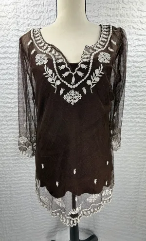 Sundance Brown Mesh Embroidered Tunic Top V-Neck 3/4 Sleeve Boho Floral Large thumbnail 1