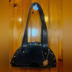 Deborah Lewis Studio Faux leather studded crescent shoulder bag suede panel Y2K thumbnail 3